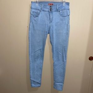 High-waisted blue jeans